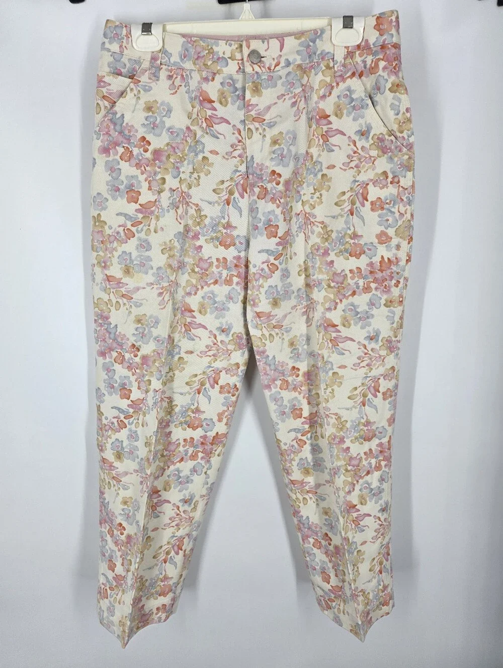 Kate Hill Casual Vintage Floral Pants Size 10 Pastel Pink Floral Tencel Cotton